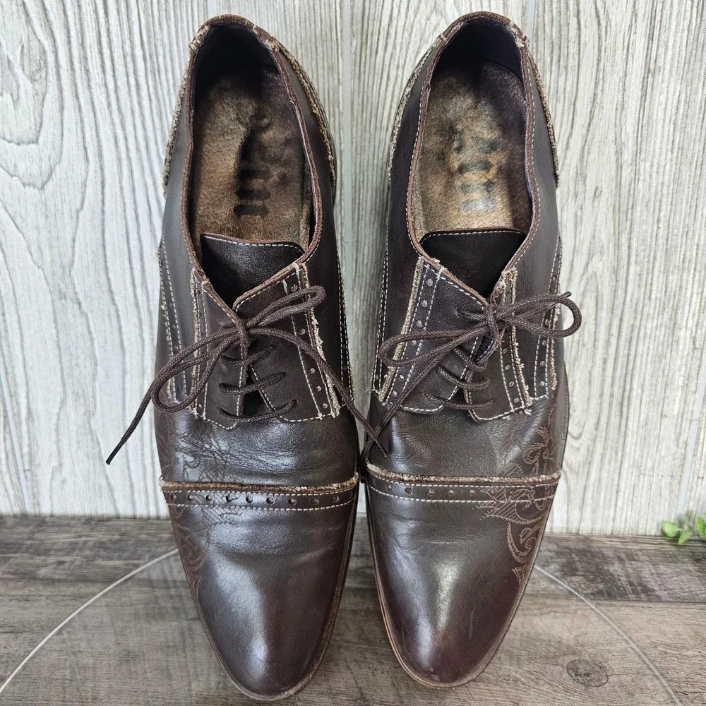 T2[in] Leather Oxford Dress Shoes Men's 45 Engraved‎ Design Frayed Stitch Spain